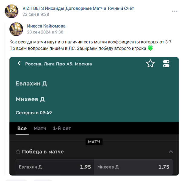 VizitBets — договорные матчи во ВКонтакте, отзывы